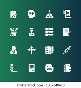 writing icon set. Collection of 16 filled writing icons included Notepad, Blogger, Contract, Ink pen, Pen, List, Agreement, News reporter, Pencil case, Tipi, Education