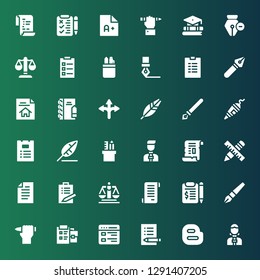 writing icon set. Collection of 36 filled writing icons included News reporter, Blogger, Exam, List, Notepad, Pen, Contract, Papyrus, Justice, Paper, Pencil case, Write, Ink pen