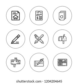 Writing icon set. collection of 9 outline writing icons with contract, mailbox, paper, pen, pencil case, write icons. editable icons.