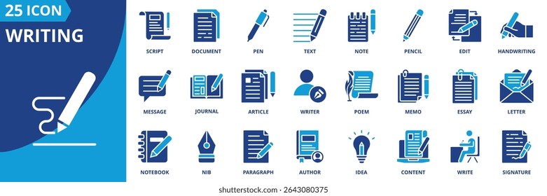 conjunto de ícones de escrita coleção em estilo de dois tons. um pacote de ícones contém escrita, caneta, lápis, nota, editar, documento, texto, script, diário, artigo