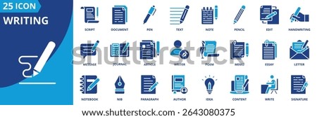 writing icon set collection in dual tone style. an icon pack contain writing, pen, pencil, note, edit, document, text, script, journal, article