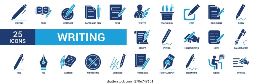 Symbol-Set wird geschrieben. Enthaltend Schreiben, Buch, komponieren, Papier und Stift, Text, Autor, Schreibwaren, bearbeiten, Dokument, zeichnen und mehr. Kollektion von durchgezogenen Vektorsymbolen.