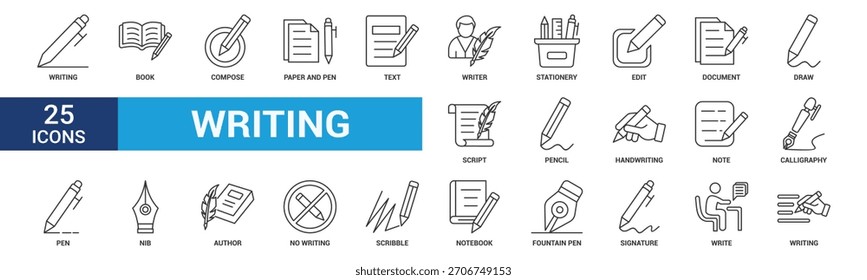 Symbol-Set wird geschrieben. Enthaltend Schreiben, Buch, komponieren, Papier und Stift, Text, Autor, Schreibwaren, bearbeiten, Dokument, zeichnen und mehr. Kollektion von Linienvektorsymbolen.
