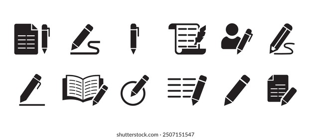 Writing icon set. Containing pen, write, pencil, note, edit, writer, document, text and more. Containing added identity document data, se of UI and mobile app, web site interface.