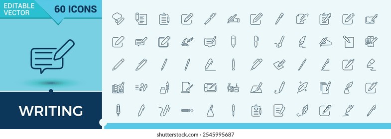 Gravando conjunto de ícones. Apresentando lápis, história, artigo, escrever, luz, mídia, ferramenta, pena. Coleção de símbolos de tópicos. Ilustração vetorial editável.