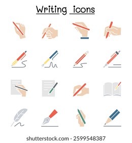 Writing icon set in flat color style
