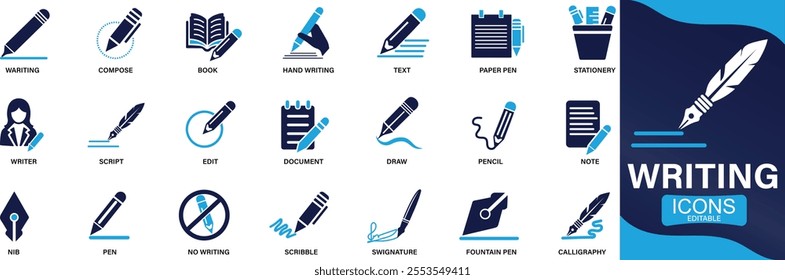 Writing icon set. pen, write, pencil, note, edit, writer, document, nib, text You can easily change the color