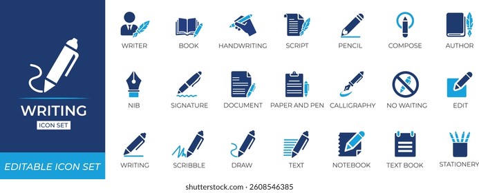 Writing icon set - solid icon collection.