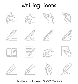 Writing icon set in thin line style