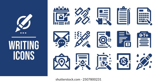 
Writing icon set. write, pencil, note, edit, Containing pen, writer, document, text and more. Solid vector icons collection
