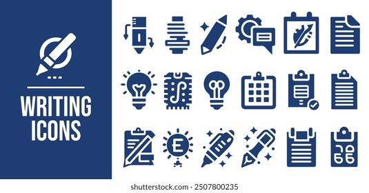 
Conjunto de iconos de escritura. escribir, lápiz, nota, editar, que contiene pluma, escritor, documento, texto y más. Iconos de vector sólido colección
