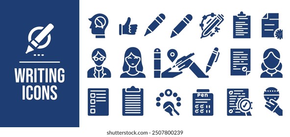 
Conjunto de iconos de escritura. escribir, lápiz, nota, editar, que contiene pluma, escritor, documento, texto y más. Iconos de vector sólido colección
