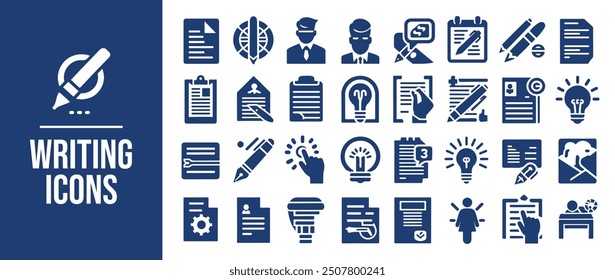 
Writing icon set. write, pencil, note, edit, Containing pen, writer, document, text and more. Solid vector icons collection
