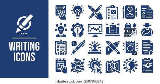 
Writing icon set. write, pencil, note, edit, Containing pen, writer, document, text and more. Solid vector icons collection
