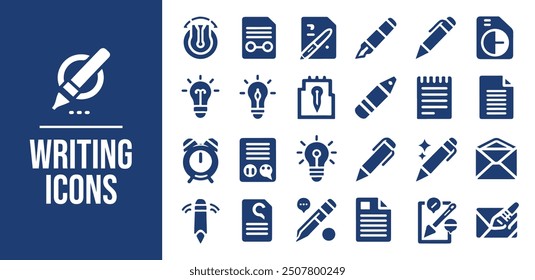 
Writing icon set. write, pencil, note, edit, Containing pen, writer, document, text and more. Solid vector icons collection

