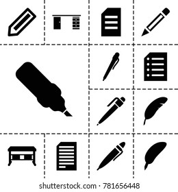 Writing icons. set of 13 editable filled writing icons such as pencil, paper, feather, office desk