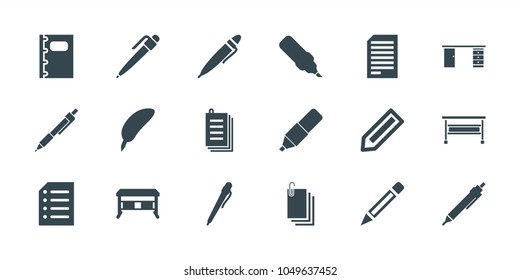 Writing icons. set of 18 editable filled writing icons: pencil, pen, feather, office desk, paper