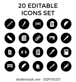 Writing icons. set of 20 editable filled writing icons such as pencil, office desk, pen, paper, feather. best quality writing elements in trendy style.