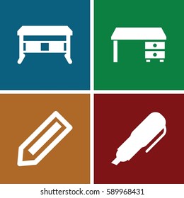 writing icons set. Set of 4 writing filled icons such as pencil, office desk