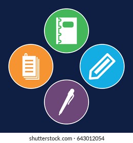 Writing icons set. set of 4 writing filled icons such as pencil, paper, notebook