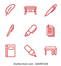 Writing icons set. set of 9 writing outline icons such as office desk, paper, notebook, pen