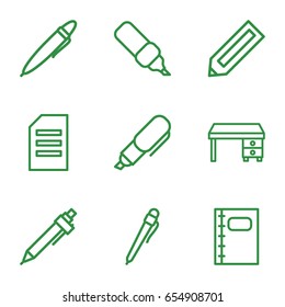 Writing icons set. set of 9 writing outline icons such as pencil, office desk, pen, notebook