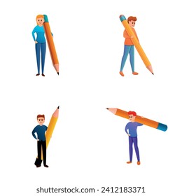 Writing icons set cartoon vector. Man and woman holding big pencil. Drawing, creating, design, blogging concept