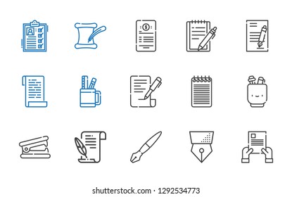 writing icons set. Collection of writing with contract, pen, fountain pen, literature, stapler remover, pencil case, notepad, paper, list. Editable and scalable writing icons.