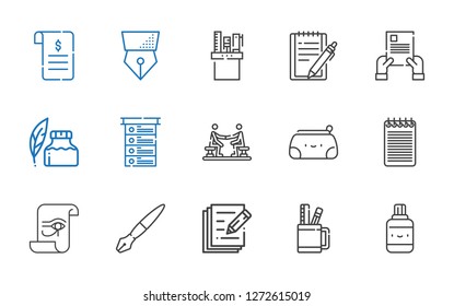 writing icons set. Collection of writing with correction fluid, pencil case, write, fountain pen, paper, notepad, agreement, list, ink pen. Editable and scalable writing icons.