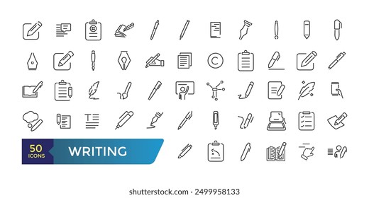 Writing icons set. Collection and pack of linear web and ui icons. Editable stroke. Vector illustration.