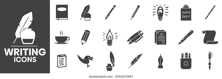 Writing Icons Set, Containing All Writing Icons Outlines, Vector Illustration Collection Editable eps10