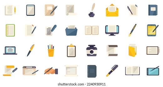 Writing icons set flat vector. Letter write. Self message isolated