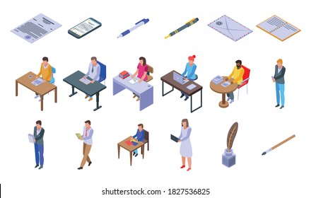 Writing icons set. Isometric set of writing vector icons for web design isolated on white background