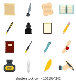 Writing icons set items. Flat illustration of 16 writing items vector icons isolated on white background