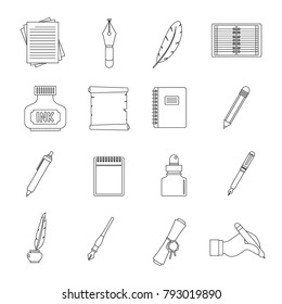 Writing icons set items. Outline illustration of 16 writing items vector icons for web