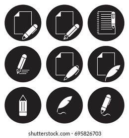 Writing icons set. White on a black background