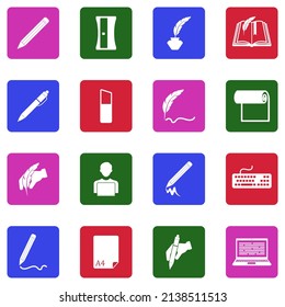 Writing Icons. White Flat Collection In Square. Vector Illustration.