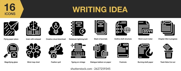 Writing Ideas solid icon set. Includes idea, creative, business, work, write, design, and More. Solid icons vector collection.