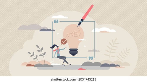 Writing inspiration and creative content imagination tiny person concept. Artist with muse to write innovative story or literature work vector illustration. Thoughtful novel or journalism creation.