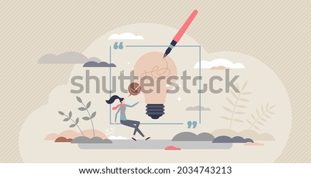 Writing inspiration and creative content imagination tiny person concept. Artist with muse to write innovative story or literature work vector illustration. Thoughtful novel or journalism creation.