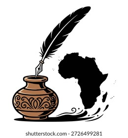 Instrumento de escritura con punta emplumada que produce líquido oscuro al lado de la ilustración de la forma de África