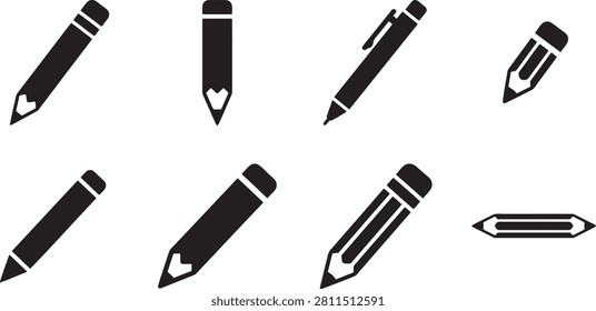 Writing instruments collection pencils and pens silhouette icons set