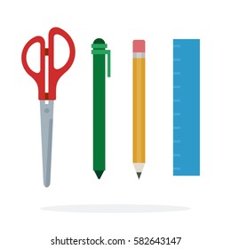 Writing Instruments Scissors, pencil, pen and ruler vector flat material design isolated on white