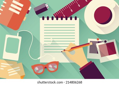 Writing into notebook background with coffee, photos, glasses and flash drive, vector