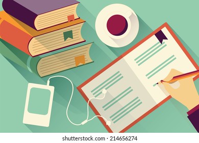 Writing into notebook background with stack of books and coffee, vector