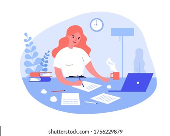 Writing Job Concept. Female Writer Writing In Papers At Her Workplace, Working At Computer At Home. Flat Vector Illustration For Creative Crisis, Journalism, Inspiration Topics