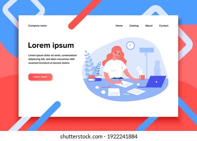 Writing job concept. Female writer writing in papers at her workplace, working at computer at home. Flat vector illustration for creative crisis, journalism, inspiration topics