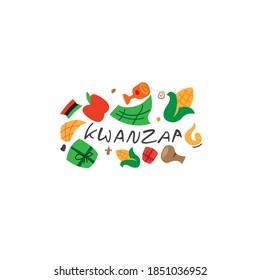 writing kwanzaa with apples, corn, cups, candles, suitable for kwanzaa events printed on t-shirts, stickers, banner and others