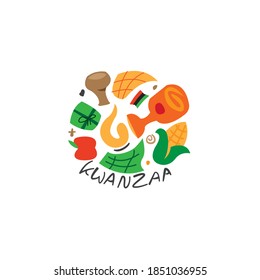 writing kwanzaa with apples, corn, cups, candles, suitable for kwanzaa events printed on t-shirts, stickers, banner and others