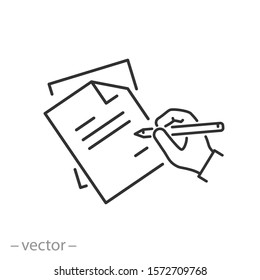 writing legal contract icon, pencil in hand and business document or report job, resume finance process, thin line web symbol - editable stroke vector illustration eps10